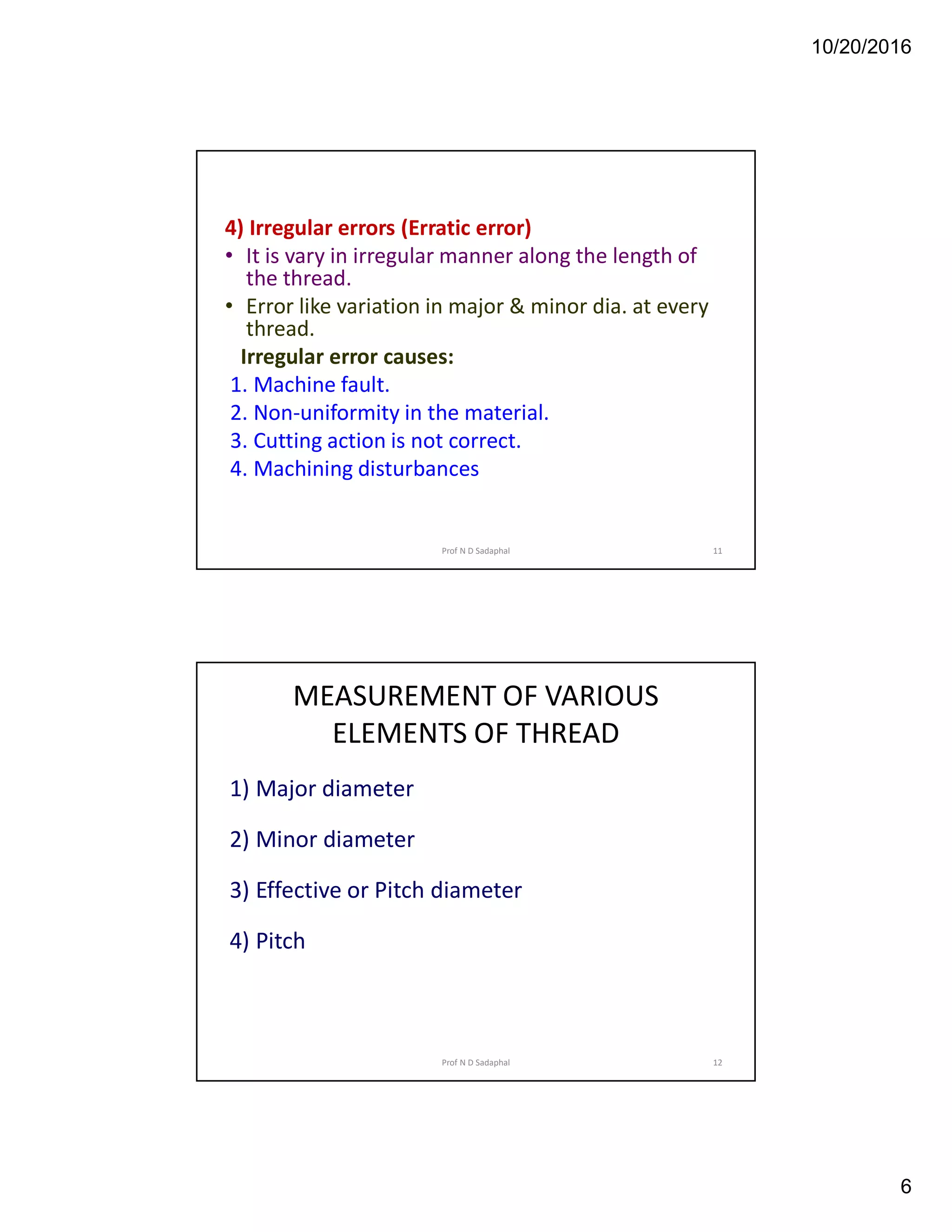 10/20/2016
6
4) Irregular errors (Erratic error)
• It is vary in irregular manner along the length of
the thread.
• Error like variation in major & minor dia. at every
thread.
Irregular error causes:
1. Machine fault.
2. Non-uniformity in the material.
3. Cutting action is not correct.
4. Machining disturbances
11Prof N D Sadaphal
MEASUREMENT OF VARIOUS
ELEMENTS OF THREAD
1) Major diameter
2) Minor diameter
3) Effective or Pitch diameter
4) Pitch
12Prof N D Sadaphal
 