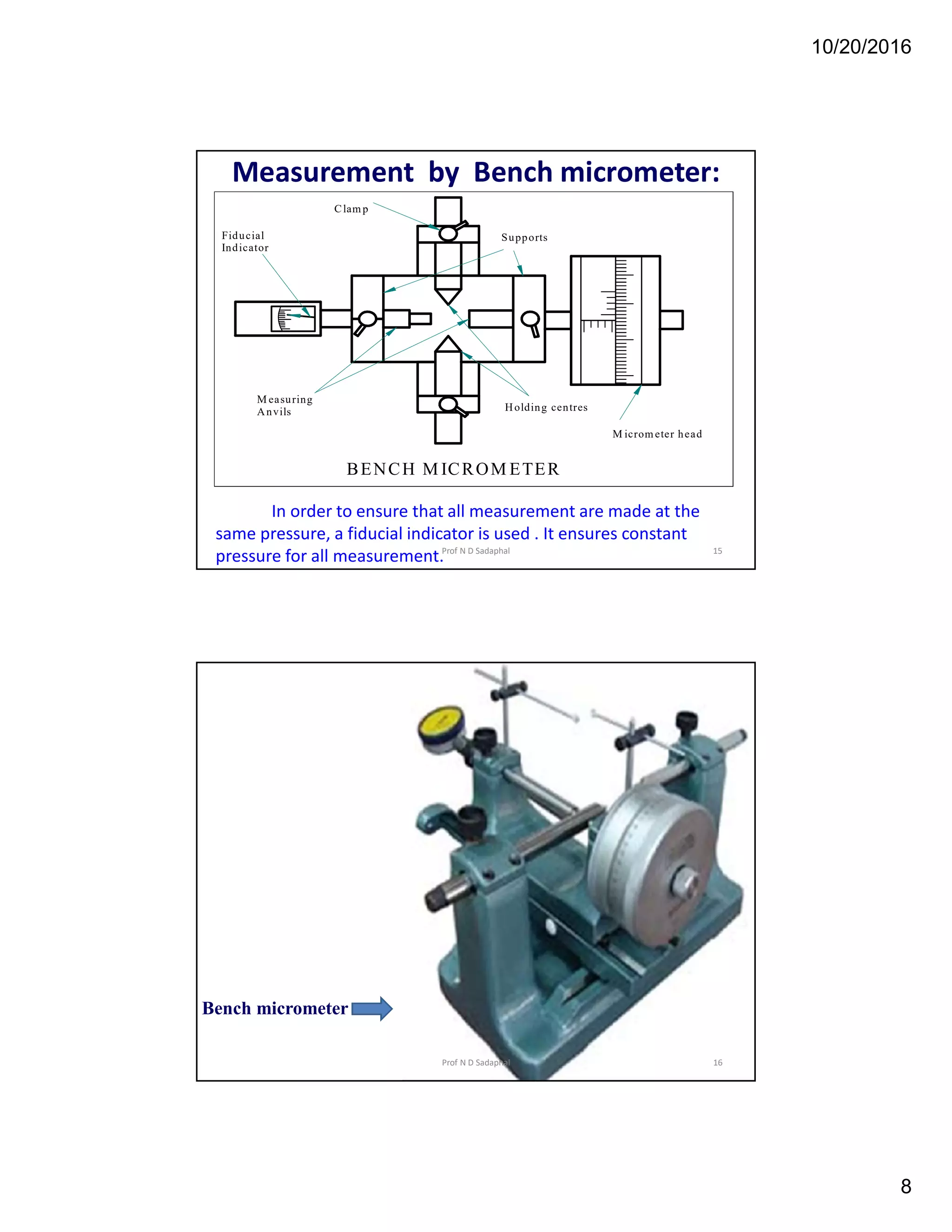 10/20/2016
8
Measurement by Bench micrometer:
Clam p
Fiducial
Indicator
M easuring
Anvils Holding centres
M icrom eter head
Supports
BENCH M ICROM ETER
In order to ensure that all measurement are made at the
same pressure, a fiducial indicator is used . It ensures constant
pressure for all measurement. 15Prof N D Sadaphal
Bench micrometer
16Prof N D Sadaphal
 