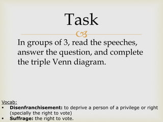 
Task
Vocab:
 Disenfranchisement: to deprive a person of a privilege or right
(specially the right to vote)
 Suffrage: the right to vote.
In groups of 3, read the speeches,
answer the question, and complete
the triple Venn diagram.
 