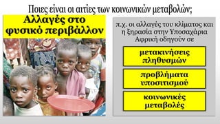 Αλλαγές στο
φυσικό περιβάλλον
π.χ. οι αλλαγές του κλίματος και
η ξηρασία στην Yποσαχάρια
Αφρική οδηγούν σε
μετακινήσεις
πληθυσμών
προβλήματα
υποσιτισμού
κοινωνικές
μεταβολές
 