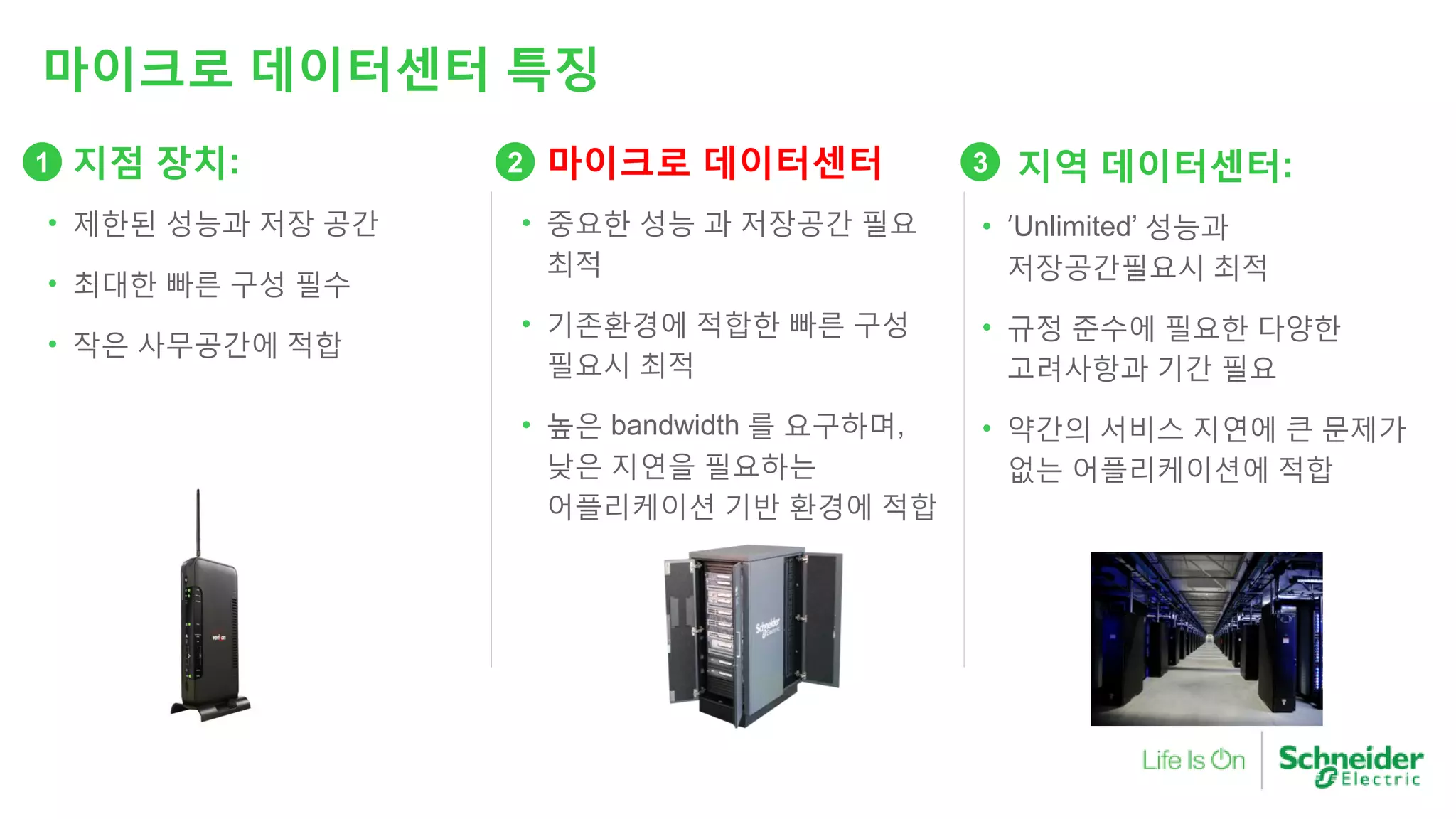 • 지점 장치:
• 제한된 성능과 저장 공간
• 최대한 빠른 구성 필수
• 작은 사무공간에 적합
• 마이크로 데이터센터
• 중요한 성능 과 저장공간 필요
최적
• 기존환경에 적합한 빠른 구성
필요시 최적
• 높은 bandwidth 를 요구하며,
낮은 지연을 필요하는
어플리케이션 기반 환경에 적합
• 지역 데이터센터:
• ‘Unlimited’ 성능과
저장공간필요시 최적
• 규정 준수에 필요한 다양한
고려사항과 기간 필요
• 약간의 서비스 지연에 큰 문제가
없는 어플리케이션에 적합
1 2 3
마이크로 데이터센터 특징
 