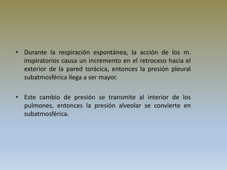 • Durante la respiración espontánea, la acción de los m.
inspiratorios causa un incremento en el retroceso hacia el
exterior de la pared torácica, entonces la presión pleural
subatmosférica llega a ser mayor.
• Este cambio de presión se transmite al interior de los
pulmones, entonces la presión alveolar se convierte en
subatmosférica.
 