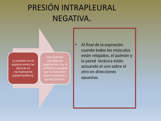 PRESIÓN INTRAPLEURAL
NEGATIVA.
La presión en el
espacio entre las
pleuras es
normalmente
subatmosférica.
Esta presión
intrapleural
negativa de -3 a -5
cmH20 es causada
por la mecánica
entre el pulmón y
pared torácica.
• Al final de la espiración
cuando todos los músculos
están relajados, el pulmón y
la pared torácica están
actuando el uno sobre el
otro en direcciones
opuestas.
 