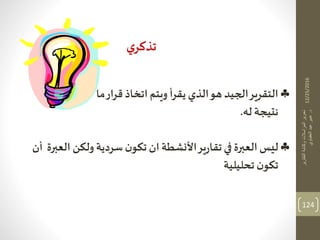 12/25/2016
‫التقارير‬‫وكتابة‬‫المراسالت‬‫تحرير‬
‫د‬.‫العقباوي‬‫عيد‬‫عبير‬
124
‫ي‬‫تذكر‬
‫الذي‬‫هو‬ ‫الجيد‬‫التقرير‬‫اتخاذ‬ ‫ويتم‬ ‫يقرأ‬‫ق‬‫ما‬‫ار‬‫ر‬
‫له‬ ‫نتيجة‬.
‫ولكن‬ ‫سردية‬ ‫ن‬‫تكو‬ ‫ان‬ ‫األنشطة‬‫ير‬‫ر‬‫تقا‬‫في‬ ‫العبرة‬‫ليس‬‫أن‬ ‫العبرة‬
‫تحليلية‬ ‫ن‬‫تكو‬
 