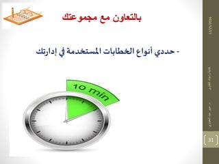 12/25/2016
31
‫مجموعتك‬ ‫مع‬ ‫بالتعاون‬
‫د‬‫التقارير‬‫وإعداد‬‫كتابة‬.‫العقباوي‬‫عيد‬‫عبير‬
-‫تك‬‫ر‬‫إدا‬ ‫في‬ ‫املستخدمة‬ ‫الخطابات‬ ‫أنواع‬‫حددي‬
 