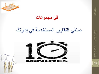 12/25/2016
59
‫مجموعات‬ ‫في‬
‫إدارتك‬ ‫في‬ ‫المستخدمة‬ ‫التقارير‬ ‫صنفي‬
‫د‬‫التقارير‬‫وإعداد‬‫كتابة‬.‫العقباوي‬‫عيد‬‫عبير‬
 