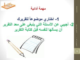 12/25/2016
72
‫د‬‫التقارير‬‫وإعداد‬‫كتابة‬.‫العقباوي‬‫عيد‬‫عبير‬
‫أدائية‬ ‫مهمة‬
1-‫لتقريرك‬ ‫موضوعا‬ ‫اختاري‬
2-‫التقري‬ ‫معد‬ ‫على‬ ‫ينب،ي‬ ‫التي‬ ‫األسئلة‬ ‫عن‬ ‫أجيبي‬‫ر‬
‫التقرير‬ ‫كتابة‬ ‫قبل‬ ‫لنفسه‬ ‫يسألها‬ ‫أن‬
 