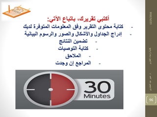 12/25/2016
96
‫د‬‫التقارير‬‫وإعداد‬‫كتابة‬.‫العقباوي‬‫عيد‬‫عبير‬
‫اآلتي‬ ‫باتباع‬ ،‫تقريرك‬ ‫أكتبي‬:
-‫لديك‬ ‫المتوفرة‬ ‫المعلومات‬ ‫وفت‬ ‫التقرير‬ ‫محتوى‬ ‫كتابة‬
-‫البيانية‬ ‫والرسوم‬ ‫والصور‬ ‫واألشكال‬ ‫الجداول‬ ‫إدراج‬
-‫النتائج‬ ‫تضمين‬
-‫التوصيات‬ ‫كتابة‬
-‫المالحت‬
-‫وجدت‬ ‫إن‬ ‫المراجع‬
 