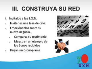 i. Invítalos a las J.O.N.
1. Invitarles una tasa de café.
2. Emociónenlos sobre su
nuevo negocio.
a. Comparta su testimonio
b. Muestren un ejemplo de
los Bonos recibidos
3. Hagan un Cronograma
III. CONSTRUYA SU RED
 