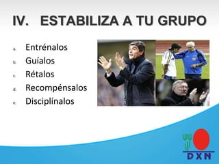 IV. ESTABILIZA A TU GRUPO
a. Entrénalos
b. Guíalos
c. Rétalos
d. Recompénsalos
e. Disciplínalos
 
