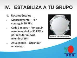 d. Recompénsalos
i. Mensualmente – Por
conseguir 30 PPV.
ii. Cada 3 meses – Por seguir
manteniendo los 30 PPV y
por reclutar nuevos
miembros (6).
iii. Anualmente – Organizar
un evento
IV. ESTABILIZA A TU GRUPO
 