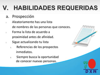 a. Prospección
i. Aleatoriamente has una lista
de nombres de las personas que conoces.
i. Forma la lista de acuerdo a
proximidad antes de afinidad.
i. Sigue actualizando tu lista
1. Referencias de los prospectos
inmediatos.
2. Siempre busca la oportunidad
de conocer nuevas personas.
V. HABILIDADES REQUERIDAS
 