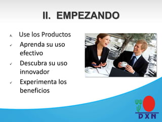 A. Use los Productos
 Aprenda su uso
efectivo
 Descubra su uso
innovador
 Experimenta los
beneficios
II. EMPEZANDO
 