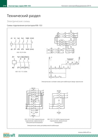 Каталог электрооборудования 2014210
www.dekraft.ru
Электрические схемы
Технический раздел
Схемы подключения контакторов КМ-103
КМ-103 9-95А
КМ-103 115-630А
КМ-103 9-95А (горизонтальное
подключение, механическая +
электрическая блокировка)
КМ-103 115-630А (горизонтальное
подключение, механическая
блокировка)
Электрическая и силовая схемы для комбинации звезда-треугольник
Электрические схемы для реверсивной комбинации
Контакторы серии КМ-103
 