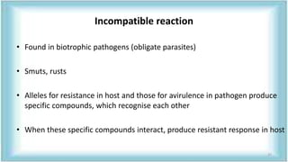Incompatible reaction
• Found in biotrophic pathogens (obligate parasites)
• Smuts, rusts
• Alleles for resistance in host and those for avirulence in pathogen produce
specific compounds, which recognise each other
• When these specific compounds interact, produce resistant response in host
37
 