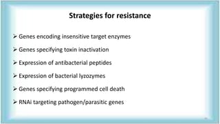 Strategies for resistance
 Genes encoding insensitive target enzymes
 Genes specifying toxin inactivation
 Expression of antibacterial peptides
 Expression of bacterial lyzozymes
 Genes specifying programmed cell death
 RNAi targeting pathogen/parasitic genes
41
 