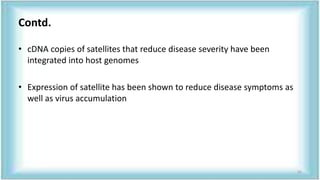 Contd.
• cDNA copies of satellites that reduce disease severity have been
integrated into host genomes
• Expression of satellite has been shown to reduce disease symptoms as
well as virus accumulation
52
 