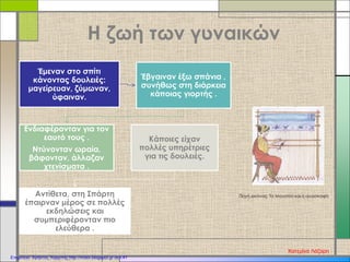 Η ζωή των γυναικών
Έμεναν στο σπίτι
κάνοντας δουλειές:
μαγείρευαν, ζύμωναν,
ύφαιναν.
Έβγαιναν έξω σπάνια ,
συνήθως στη διάρκεια
κάποιας γιορτής .
Ενδιαφέρονταν για τον
εαυτό τους .
Ντύνονταν ωραία,
βάφονταν, άλλαζαν
χτενίσματα .
Κάποιες είχαν
πολλές υπηρέτριες
για τις δουλειές.
Αντίθετα, στη Σπάρτη
έπαιρναν μέρος σε πολλές
εκδηλώσεις και
συμπεριφέρονταν πιο
ελεύθερα .
Πηγή εικόνας: Το Μουσείο και η ανασκαφή
Κατερίνα Λάζαρη
Επιμέλεια: Χρήστος Χαρμπής http://xristx.blogspot.gr σελ.41
 