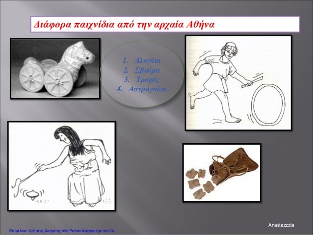 Διάφορα παιχνίδια από την αρχαία Αθήνα
1. Αλογάκι
2. Σβούρα
3. Τροχός
4. Αστράγαλοι
Anastazzzia
Επιμέλεια: Χρήστος Χαρμπής...