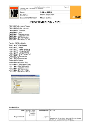 CUSTOMIZING - MM
Plaut Implementation Assistant
Document:MBP – Documento de Customizing
Módulo SD
Página 10
Project SAP – MBP
Customer Antonio Braz Ferrari
Consulting Manager Mauro Gelme
DM20 MP-Bobinas/Disco
DM21 MP-Poliet p/moer
DM22 MP-Quimicos
DM23 MP-Oleo
DM24 MP-Tinta/Quimico
DM25 MP-Consignacao
DM26 MP-Bens 3o.N/Pod
Centro 0102 – Matão
FM01 PAC-Tambores
FM02 PAC-Aneis
FM03 PAC-Tamb p/recup
FM04 PAC-Plast recupe
FM05 PAN-Chp/Tamp/Fun
FM06 MP-Inflamaveis
FM07 MP-Guarnicoes
FM08 MP-Discos
FM09 MP-Bobinas Aco
FM10 MP-Comp/EPI/Manu
FM11 MP-Recuperadora
FM12 MP-Consignacao
FM13 MP-Bens 3o. N/Po
3 - Histórico
Status Revisão Página
10 21/01/2017
Página 10
21/01/2017
Solução/Release R/3 4.6C
Responsabilidade Arquivo /
unoconv/20170121170924_e6ea3cbec29293015e8f4ad
066810e434ebf2849/3-170121170924.doc
 