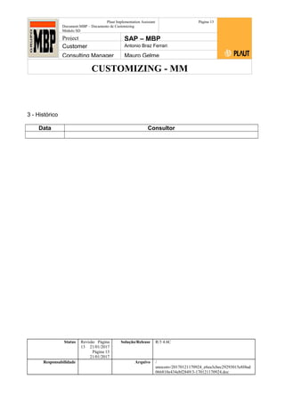 CUSTOMIZING - MM
Plaut Implementation Assistant
Document:MBP – Documento de Customizing
Módulo SD
Página 13
Project SAP – MBP
Customer Antonio Braz Ferrari
Consulting Manager Mauro Gelme
3 - Histórico
Data Consultor
Status Revisão Página
13 21/01/2017
Página 13
21/01/2017
Solução/Release R/3 4.6C
Responsabilidade Arquivo /
unoconv/20170121170924_e6ea3cbec29293015e8f4ad
066810e434ebf2849/3-170121170924.doc
 