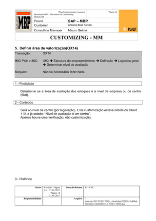CUSTOMIZING - MM
Plaut Implementation Assistant
Document:MBP – Documento de Customizing
Módulo SD
Página 14
Project SAP – MBP
Customer Antonio Braz Ferrari
Consulting Manager Mauro Gelme
5. Definir área de valorização(OX14)
Transação: OX14
IMG Path v.46C: IMG  Estrutura do empreendimento  Definição  Logística geral
 Determinar nível de avaliação
Request: Não foi necessário fazer nada.
1 - Finalidade
Determinar se a área de avaliação dos estoques é a nível de empresa ou de centro
(filial).
2 - Conteúdo
Será ao nível de centro (por legislação). Esta customização estava inibida no Client
110, e já setado: “Nível de avaliação é um centro”.
Apenas houve uma verificação, não customização.
3 - Histórico
Status Revisão Página
14 21/01/2017
Página 14
21/01/2017
Solução/Release R/3 4.6C
Responsabilidade Arquivo /
unoconv/20170121170924_e6ea3cbec29293015e8f4ad
066810e434ebf2849/3-170121170924.doc
 