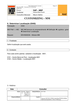 CUSTOMIZING - MM
Plaut Implementation Assistant
Document:MBP – Documento de Customizing
Módulo SD
Página 16
Project SAP – MBP
Customer Antonio Braz Ferrari
Consulting Manager Mauro Gelme
6. Determinar Localização (OIAS)
Transação: OIAS
IMG Path v. 46C: IMG  Estrutura do empreendimento  Definição  Logística - geral
 Determinar Localização
Request: DEVK900038 – Módulo MM
1 - Finalidade
Definir localização que será usada.
2 - Conteúdo
Para cada centro (planta) cadastrar a localização 0001.
0101 – Centro Barra do Piraí – localização 0001
0102 – Centro Matão – Localização 0001
3 - Histórico
Data Consultor
Status Revisão Página
16 21/01/2017
Página 16
21/01/2017
Solução/Release R/3 4.6C
Responsabilidade Arquivo /
unoconv/20170121170924_e6ea3cbec29293015e8f4ad
066810e434ebf2849/3-170121170924.doc
 