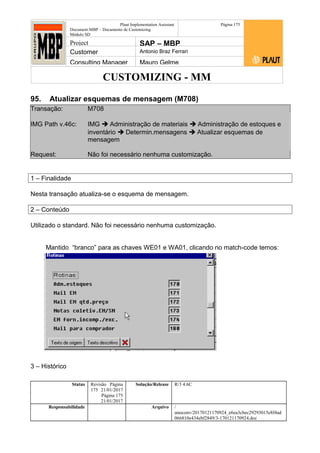 CUSTOMIZING - MM
Plaut Implementation Assistant
Document:MBP – Documento de Customizing
Módulo SD
Página 175
Project SAP – MBP
Customer Antonio Braz Ferrari
Consulting Manager Mauro Gelme
95. Atualizar esquemas de mensagem (M708)
Transação: M708
IMG Path v.46c: IMG  Administração de materiais  Administração de estoques e
inventário  Determin.mensagens  Atualizar esquemas de
mensagem
Request: Não foi necessário nenhuma customização.
1 – Finalidade
Nesta transação atualiza-se o esquema de mensagem.
2 – Conteúdo
Utilizado o standard. Não foi necessário nenhuma customização.
Mantido “branco” para as chaves WE01 e WA01, clicando no match-code temos:
3 – Histórico
Status Revisão Página
175 21/01/2017
Página 175
21/01/2017
Solução/Release R/3 4.6C
Responsabilidade Arquivo /
unoconv/20170121170924_e6ea3cbec29293015e8f4ad
066810e434ebf2849/3-170121170924.doc
 