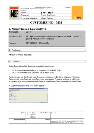 CUSTOMIZING - MM
Plaut Implementation Assistant
Document:MBP – Documento de Customizing
Módulo SD
Página 18
Project SAP – MBP
Customer Antonio Braz Ferrari
Consulting Manager Mauro Gelme
7. Atribuir Centro à Empresa(OX18)
Transação: OX18
IMG Path v.46C: IMG  Estrutura do empreendimento  Atribuição  Logística -
geral  Atribuir centro - empresa
Request: DEVK900040 – Módulo MM
1 - Finalidade
Atribuir centros à empresa.
2 - Conteúdo
Cada Centro (planta) deve ser associado à empresa:
- 0101 – Centro Barra do Piraí à Empresa 0101 (MBP S/A).
- 0102 – Centro Matão à Empresa 0101 (MBP S/A).
Para eliminar um Centro de uma Empresa, selecione o Centro, e clique em Eliminar.
Para atribuir uma Centro à uma Empresa, selecione a Empresa e clique em Atribuir,
surgirá uma janela para escolha do Centro, selecione o Centro desejado e tecle Enter.
A Customização deverá ficar como abaixo:
Status Revisão Página
18 21/01/2017
Página 18
21/01/2017
Solução/Release R/3 4.6C
Responsabilidade Arquivo /
unoconv/20170121170924_e6ea3cbec29293015e8f4ad
066810e434ebf2849/3-170121170924.doc
 