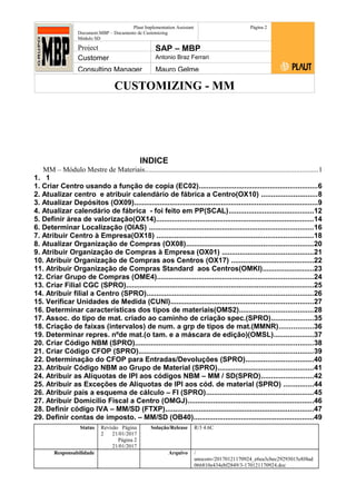 CUSTOMIZING - MM
Plaut Implementation Assistant
Document:MBP – Documento de Customizing
Módulo SD
Página 2
Project SAP – MBP
Customer Antonio Braz Ferrari
Consulting Manager Mauro Gelme
INDICE
MM – Módulo Mestre de Materiais................................................................................................1
1. 1
1. Criar Centro usando a função de copia (EC02)............................................................6
2. Atualizar centro e atribuir calendário de fábrica a Centro(OX10) ............................8
3. Atualizar Depósitos (OX09).............................................................................................9
4. Atualizar calendário de fábrica - foi feito em PP(SCAL)...........................................12
5. Definir área de valorização(OX14)................................................................................14
6. Determinar Localização (OIAS) ...................................................................................16
7. Atribuir Centro à Empresa(OX18) ...............................................................................18
8. Atualizar Organização de Compras (OX08)................................................................20
9. Atribuir Organização de Compras à Empresa (OX01) ..............................................21
10. Atribuir Organização de Compras aos Centros (OX17) ..........................................22
11. Atribuir Organização de Compras Standard aos Centros(OMKI)..........................23
12. Criar Grupo de Compras (OME4)...............................................................................24
13. Criar Filial CGC (SPRO)...............................................................................................25
14. Atribuir filial a Centro (SPRO)....................................................................................26
15. Verificar Unidades de Medida (CUNI)........................................................................27
16. Determinar características dos tipos de materiais(OMS2).....................................28
17. Assoc. do tipo de mat. criado ao caminho de criação spec.(SPRO).....................35
18. Criação de faixas (intervalos) de num. a grp de tipos de mat.(MMNR).................36
19. Determinar repres. nºde mat.(o tam. e a máscara de edição)(OMSL)....................37
20. Criar Código NBM (SPRO)..........................................................................................38
21. Criar Código CFOP (SPRO)........................................................................................39
22. Determinação do CFOP para Entradas/Devoluções (SPRO)..................................40
23. Atribuir Código NBM ao Grupo de Material (SPRO)................................................41
24. Atribuir as Alíquotas de IPI aos códigos NBM – MM / SD(SPRO)..........................42
25. Atribuir as Exceções de Alíquotas de IPI aos cód. de material (SPRO) ...............44
26. Atribuir pais a esquema de cálculo – FI (SPRO)......................................................45
27. Atribuir Domicilio Fiscal a Centro (OMGJ)................................................................46
28. Definir código IVA – MM/SD (FTXP)...........................................................................47
29. Definir contas de imposto. – MM/SD (OB40).............................................................49
Status Revisão Página
2 21/01/2017
Página 2
21/01/2017
Solução/Release R/3 4.6C
Responsabilidade Arquivo /
unoconv/20170121170924_e6ea3cbec29293015e8f4ad
066810e434ebf2849/3-170121170924.doc
 