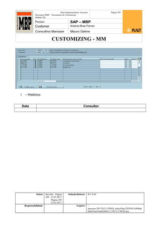 CUSTOMIZING - MM
Plaut Implementation Assistant
Document:MBP – Documento de Customizing
Módulo SD
Página 205
Project SAP – MBP
Customer Antonio Braz Ferrari
Consulting Manager Mauro Gelme
1 – Histórico
Data Consultor
Status Revisão Página
205 21/01/2017
Página 205
21/01/2017
Solução/Release R/3 4.6C
Responsabilidade Arquivo /
unoconv/20170121170924_e6ea3cbec29293015e8f4ad
066810e434ebf2849/3-170121170924.doc
 
