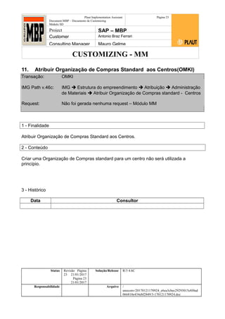 CUSTOMIZING - MM
Plaut Implementation Assistant
Document:MBP – Documento de Customizing
Módulo SD
Página 23
Project SAP – MBP
Customer Antonio Braz Ferrari
Consulting Manager Mauro Gelme
11. Atribuir Organização de Compras Standard aos Centros(OMKI)
Transação: OMKI
IMG Path v.46c: IMG  Estrutura do empreendimento  Atribuição  Administração
de Materiais  Atribuir Organização de Compras standard - Centros
Request: Não foi gerada nenhuma request – Módulo MM
1 - Finalidade
Atribuir Organização de Compras Standard aos Centros.
2 - Conteúdo
Criar uma Organização de Compras standard para um centro não será utilizada a
princípio.
3 - Histórico
Data Consultor
Status Revisão Página
23 21/01/2017
Página 23
21/01/2017
Solução/Release R/3 4.6C
Responsabilidade Arquivo /
unoconv/20170121170924_e6ea3cbec29293015e8f4ad
066810e434ebf2849/3-170121170924.doc
 