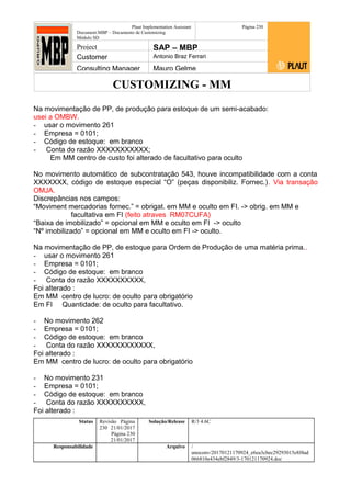 CUSTOMIZING - MM
Plaut Implementation Assistant
Document:MBP – Documento de Customizing
Módulo SD
Página 230
Project SAP – MBP
Customer Antonio Braz Ferrari
Consulting Manager Mauro Gelme
Na movimentação de PP, de produção para estoque de um semi-acabado:
usei a OMBW.
- usar o movimento 261
- Empresa = 0101;
- Código de estoque: em branco
- Conta do razão XXXXXXXXXXX;
Em MM centro de custo foi alterado de facultativo para oculto
No movimento automático de subcontratação 543, houve incompatibilidade com a conta
XXXXXXX, código de estoque especial “O” (peças disponibiliz. Fornec.). Via transação
OMJA.
Discrepâncias nos campos:
“Moviment mercadorias fornec.” = obrigat. em MM e oculto em FI. -> obrig. em MM e
facultativa em FI (feito atraves RM07CUFA)
“Baixa de imobilizado” = opcional em MM e oculto em FI -> oculto
“Nº imobilizado” = opcional em MM e oculto em FI -> oculto.
Na movimentação de PP, de estoque para Ordem de Produção de uma matéria prima..
- usar o movimento 261
- Empresa = 0101;
- Código de estoque: em branco
- Conta do razão XXXXXXXXXX,
Foi alterado :
Em MM centro de lucro: de oculto para obrigatório
Em FI Quantidade: de oculto para facultativo.
- No movimento 262
- Empresa = 0101;
- Código de estoque: em branco
- Conta do razão XXXXXXXXXXXX,
Foi alterado :
Em MM centro de lucro: de oculto para obrigatório
- No movimento 231
- Empresa = 0101;
- Código de estoque: em branco
- Conta do razão XXXXXXXXXX,
Foi alterado :
Status Revisão Página
230 21/01/2017
Página 230
21/01/2017
Solução/Release R/3 4.6C
Responsabilidade Arquivo /
unoconv/20170121170924_e6ea3cbec29293015e8f4ad
066810e434ebf2849/3-170121170924.doc
 
