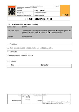 CUSTOMIZING - MM
Plaut Implementation Assistant
Document:MBP – Documento de Customizing
Módulo SD
Página 26
Project SAP – MBP
Customer Antonio Braz Ferrari
Consulting Manager Mauro Gelme
14. Atribuir filial a Centro (SPRO)
Transação: SPRO
IMG Path V46c: Componentes válidas para todas as aplicações  Funções gerais de
aplicação  Nota fiscal  Filial CGC  Atribuir filial CGC
Request: – Módulo MM
1 - Finalidade
As filiais criadas deverão ser associadas aos centros respectivos
2 - Conteúdo
Esta configuração será feita por SD
3 - Histórico
Data Consultor
Status Revisão Página
26 21/01/2017
Página 26
21/01/2017
Solução/Release R/3 4.6C
Responsabilidade Arquivo /
unoconv/20170121170924_e6ea3cbec29293015e8f4ad
066810e434ebf2849/3-170121170924.doc
 