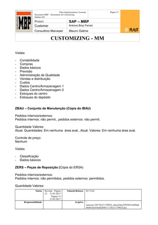 CUSTOMIZING - MM
Plaut Implementation Assistant
Document:MBP – Documento de Customizing
Módulo SD
Página 33
Project SAP – MBP
Customer Antonio Braz Ferrari
Consulting Manager Mauro Gelme
Visões
- Contabilidade
- Compras
- Dados básicos
- Previsão
- Administração de Qualidade
- Vendas e distribuição
- Custos
- Dados Centro/Armazenagem 1
- Dados Centro/Armazenagem 2
- Estoques do centro
- Estoques do depósito
ZBAU – Conjunto de Manutenção (Cópia do IBAU)
Pedidos internos/externos:
Pedidos internos: não permit., pedidos externos: não permit.
Quantidade Valores:
Atual. Quantidades: Em nenhuma área aval., Atual. Valores: Em nenhuma área aval.
Controle de preço:
Nenhum
Visões
- Classificação
- Dados básicos
ZERS – Peças de Reposição (Cópia do ERSA)
Pedidos internos/externos:
Pedidos internos: não permitidos, pedidos externos: permitidos.
Quantidade Valores:
Status Revisão Página
33 21/01/2017
Página 33
21/01/2017
Solução/Release R/3 4.6C
Responsabilidade Arquivo /
unoconv/20170121170924_e6ea3cbec29293015e8f4ad
066810e434ebf2849/3-170121170924.doc
 