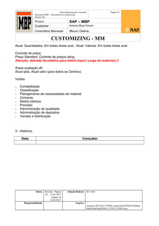 CUSTOMIZING - MM
Plaut Implementation Assistant
Document:MBP – Documento de Customizing
Módulo SD
Página 34
Project SAP – MBP
Customer Antonio Braz Ferrari
Consulting Manager Mauro Gelme
Atual. Quantidades: Em todas áreas aval., Atual. Valores: Em todas áreas aval.
Controle de preço:
Preço Standard, Controle de preços obrig.
Atenção: deixado facultativo para batch-input ( carga de materiais )!
Áreas avaliação dif.
Atual qtds, Atual valor (para todos os Centros).
Visões
- Contabilidade
- Classificação
- Planejamento de necessidades de material
- Compras
- Dados básicos
- Previsão
- Administração de qualidade
- Administração de depósitos
- Vendas e distribuição
3 - Histórico
Data Consultor
Status Revisão Página
34 21/01/2017
Página 34
21/01/2017
Solução/Release R/3 4.6C
Responsabilidade Arquivo /
unoconv/20170121170924_e6ea3cbec29293015e8f4ad
066810e434ebf2849/3-170121170924.doc
 