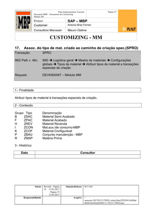 CUSTOMIZING - MM
Plaut Implementation Assistant
Document:MBP – Documento de Customizing
Módulo SD
Página 35
Project SAP – MBP
Customer Antonio Braz Ferrari
Consulting Manager Mauro Gelme
17. Assoc. do tipo de mat. criado ao caminho de criação spec.(SPRO)
Transação: SPRO
IMG Path v. 46c: IMG  Logística geral  Mestre de materiais  Configurações
globais  Tipos de material  Atribuir tipos de material a transações
especiais de criação
Request: DEVK900067 – Módulo MM
1 - Finalidade
Atribuir tipos de material à transações especiais de criação.
2 - Conteúdo
Grupo Tipo Denominação
B ZSAC Material Semi Acabado
F ZPAC Material Acabado
H ZREV Material Revenda
I ZCON Mat.aux./de consumo-MBP
K ZCOF Material Configurável
P ZBAU Conjunto manutenção - MBP
R ZMAP Matéria Prima
3 - Histórico
Data Consultor
Status Revisão Página
35 21/01/2017
Página 35
21/01/2017
Solução/Release R/3 4.6C
Responsabilidade Arquivo /
unoconv/20170121170924_e6ea3cbec29293015e8f4ad
066810e434ebf2849/3-170121170924.doc
 
