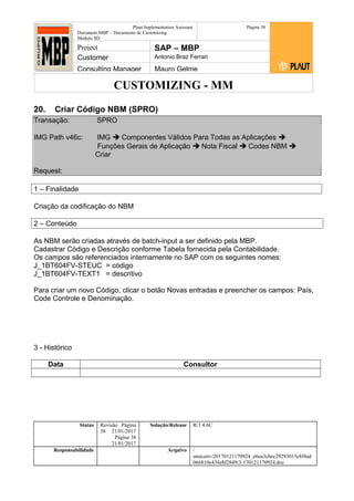 CUSTOMIZING - MM
Plaut Implementation Assistant
Document:MBP – Documento de Customizing
Módulo SD
Página 38
Project SAP – MBP
Customer Antonio Braz Ferrari
Consulting Manager Mauro Gelme
20. Criar Código NBM (SPRO)
Transação: SPRO
IMG Path v46c: IMG  Componentes Válidos Para Todas as Aplicações 
Funções Gerais de Aplicação  Nota Fiscal  Codes NBM 
Criar
Request:
1 – Finalidade
Criação da codificação do NBM
2 – Conteúdo
As NBM serão criadas através de batch-input a ser definido pela MBP.
Cadastrar Código e Descrição conforme Tabela fornecida pela Contabilidade.
Os campos são referenciados internamente no SAP com os seguintes nomes:
J_1BT604FV-STEUC = código
J_1BT604FV-TEXT1 = descritivo
Para criar um novo Código, clicar o botão Novas entradas e preencher os campos: País,
Code Controle e Denominação.
3 - Histórico
Data Consultor
Status Revisão Página
38 21/01/2017
Página 38
21/01/2017
Solução/Release R/3 4.6C
Responsabilidade Arquivo /
unoconv/20170121170924_e6ea3cbec29293015e8f4ad
066810e434ebf2849/3-170121170924.doc
 