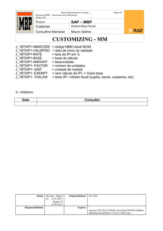 CUSTOMIZING - MM
Plaut Implementation Assistant
Document:MBP – Documento de Customizing
Módulo SD
Página 43
Project SAP – MBP
Customer Antonio Braz Ferrari
Consulting Manager Mauro Gelme
J_1BTXIP1-NBMCODE = código NBM (atual NCM)
J_1BTXIP1-VALIDFRO = data de início da validade
J_1BTXIP1-RATE = taxa de IPI em %
J_1BTXIP1-BASE = base de cálculo
J_1BTXIP1-AMOUNT = taxa/unidade
J_1BTXIP1- FACTOR = número de unidades
J_1BTXIP1- UNIT = unidade de medida
J_1BTXIP1- EXEMPT = sem cálculo de IPI -> Outra base
J_1BTXIP1- TAXLAW = texto IPI ->direito fiscal (sujeito, isento, suspenso, etc)
3 - Histórico
Data Consultor
Status Revisão Página
43 21/01/2017
Página 43
21/01/2017
Solução/Release R/3 4.6C
Responsabilidade Arquivo /
unoconv/20170121170924_e6ea3cbec29293015e8f4ad
066810e434ebf2849/3-170121170924.doc
 