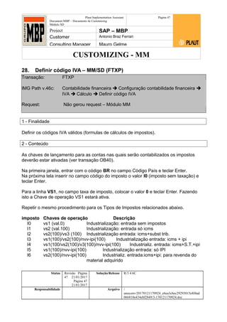 CUSTOMIZING - MM
Plaut Implementation Assistant
Document:MBP – Documento de Customizing
Módulo SD
Página 47
Project SAP – MBP
Customer Antonio Braz Ferrari
Consulting Manager Mauro Gelme
28. Definir código IVA – MM/SD (FTXP)
Transação: FTXP
IMG Path v.46c: Contabilidade financeira  Configuração contabilidade financeira 
IVA  Cálculo  Definir código IVA
Request: Não gerou request – Módulo MM
1 - Finalidade
Definir os códigos IVA válidos (formulas de cálculos de impostos).
2 - Conteúdo
As chaves de lançamento para as contas nas quais serão contabilizados os impostos
deverão estar ativadas (ver transação OB40).
Na primeira janela, entrar com o código BR no campo Código País e teclar Enter.
Na próxima tela inserir no campo código do imposto o valor I0 (imposto sem taxação) e
teclar Enter.
Para a linha VS1, no campo taxa de imposto, colocar o valor 0 e teclar Enter. Fazendo
isto a Chave de operação VS1 estará ativa.
Repetir o mesmo procedimento para os Tipos de Impostos relacionados abaixo.
imposto Chaves de operação Descrição
I0 vs1 (val.0) Industrialização: entrada sem impostos
I1 vs2 (val.100) Industrialização: entrada só icms
I2 vs2(100)/vs3 (100) Industrialização entrada: icms+subst trib.
I3 vs1(100)/vs2(100)/nvv-ipi(100) Industrialização entrada: icms + ipi
I4 vs1(100/vs2(100)/v3(100)/nvv-ipi(100) Industrializ. entrada: icms+S.T.+ipi
I5 vs1(100)/nvv-ipi(100) Industrialização entrada: só IPI
I6 vs2(100)/nvv-ipi(100) Industrializ. entrada:icms+ipi: para revenda do
material adquirido
Status Revisão Página
47 21/01/2017
Página 47
21/01/2017
Solução/Release R/3 4.6C
Responsabilidade Arquivo /
unoconv/20170121170924_e6ea3cbec29293015e8f4ad
066810e434ebf2849/3-170121170924.doc
 