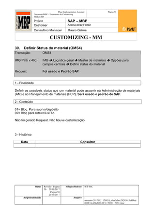 CUSTOMIZING - MM
Plaut Implementation Assistant
Document:MBP – Documento de Customizing
Módulo SD
Página 50
Project SAP – MBP
Customer Antonio Braz Ferrari
Consulting Manager Mauro Gelme
30. Definir Status do material (OMS4)
Transação: OMS4
IMG Path v.46c: IMG  Logística geral  Mestre de materiais  Opções para
campos centrais  Definir status do material
Request: Foi usado o Padrão SAP
1 - Finalidade
Definir os possíveis status que um material pode assumir na Administração de materiais
(AM) e no Planejamento de materiais (PCP). Será usado o padrão do SAP.
2 - Conteúdo
01= Bloq. Para suprim/depósito
02= Bloq.para roteiro/LisTéc.
Não foi gerado Request. Não houve customização.
3 - Histórico
Data Consultor
Status Revisão Página
50 21/01/2017
Página 50
21/01/2017
Solução/Release R/3 4.6C
Responsabilidade Arquivo /
unoconv/20170121170924_e6ea3cbec29293015e8f4ad
066810e434ebf2849/3-170121170924.doc
 