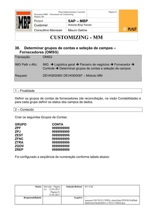 CUSTOMIZING - MM
Plaut Implementation Assistant
Document:MBP – Documento de Customizing
Módulo SD
Página 61
Project SAP – MBP
Customer Antonio Braz Ferrari
Consulting Manager Mauro Gelme
38. Determinar grupos de contas e seleção de campos –
Fornecedores (OMSG)
Transação: OMSG
IMG Path v.46c: IMG  Logística geral  Parceiro de negócios  Fornecedor 
Controle  Determinar grupos de contas e seleção de campos
Request: DEVK900085/ DEVK900087 – Módulo MM
1 – Finalidade
Definir os grupos de contas de fornecedores (de reconciliação, na visão Contabilidade) e
para cada grupo definir os status dos campos de dados.
2 – Conteúdo
Criar os seguintes Grupos de Contas:
GRUPO CONTA
ZPF 9999999999
ZPJ 9999999999
ZEST 9999999999
ZFNC 9999999999
ZTRA 9999999999
ZGOV 9999999999
ZREP 9999999999
Foi configurado a seqüência de numeração conforme tabela abaixo:
Status Revisão Página
61 21/01/2017
Página 61
21/01/2017
Solução/Release R/3 4.6C
Responsabilidade Arquivo /
unoconv/20170121170924_e6ea3cbec29293015e8f4ad
066810e434ebf2849/3-170121170924.doc
 