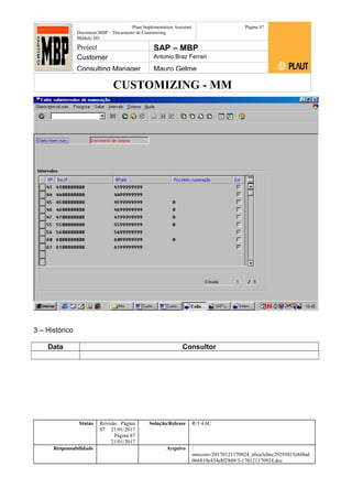 CUSTOMIZING - MM
Plaut Implementation Assistant
Document:MBP – Documento de Customizing
Módulo SD
Página 87
Project SAP – MBP
Customer Antonio Braz Ferrari
Consulting Manager Mauro Gelme
3 – Histórico
Data Consultor
Status Revisão Página
87 21/01/2017
Página 87
21/01/2017
Solução/Release R/3 4.6C
Responsabilidade Arquivo /
unoconv/20170121170924_e6ea3cbec29293015e8f4ad
066810e434ebf2849/3-170121170924.doc
 
