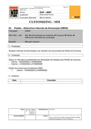 CUSTOMIZING - MM
Plaut Implementation Assistant
Document:MBP – Documento de Customizing
Módulo SD
Página 95
Project SAP – MBP
Customer Antonio Braz Ferrari
Consulting Manager Mauro Gelme
63. Pedido – Determinar Intervalo de Numeração (OMH6)
Transação: OMH6
IMG Path v. 46c: IMG  Administração de materiais  Compras  Pedido 
Determinar intervalos de numeração
Request: Não gera request.
1 – Finalidade
Atualizar Intervalo de Numeração a ser utilizado nos documentos de Pedido de Compras.
2 – Conteúdo
Segue os intervalos já cadastrados em Solicitação da Cotação para Pedido de Compras.
- Interno – 4500000000 a 4599999999
- Externo – 4100000000 a 4199999999
Pedido de compra para Imobilizado ZIMO
1 Interno – 4700000000 a 4799999999
3 – Histórico
Data Consultor
Status Revisão Página
95 21/01/2017
Página 95
21/01/2017
Solução/Release R/3 4.6C
Responsabilidade Arquivo /
unoconv/20170121170924_e6ea3cbec29293015e8f4ad
066810e434ebf2849/3-170121170924.doc
 