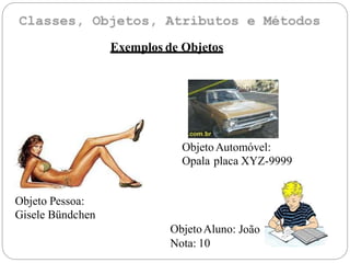 Exemplos de Objetos
ObjetoAutomóvel:
Opala placa XYZ-9999
ObjetoAluno: João
Nota: 10
Objeto Pessoa:
Gisele Bündchen
 