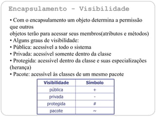• Com o encapsulamento um objeto determina a permissão
que outros
objetos terão para acessar seus membros(atributos e métodos)
• Alguns graus de visibilidade:
• Pública: acessível a todo o sistema
• Privada: acessível somente dentro da classe
• Protegida: acessível dentro da classe e suas especializações
(herança)
• Pacote: acessível às classes de um mesmo pacote
 