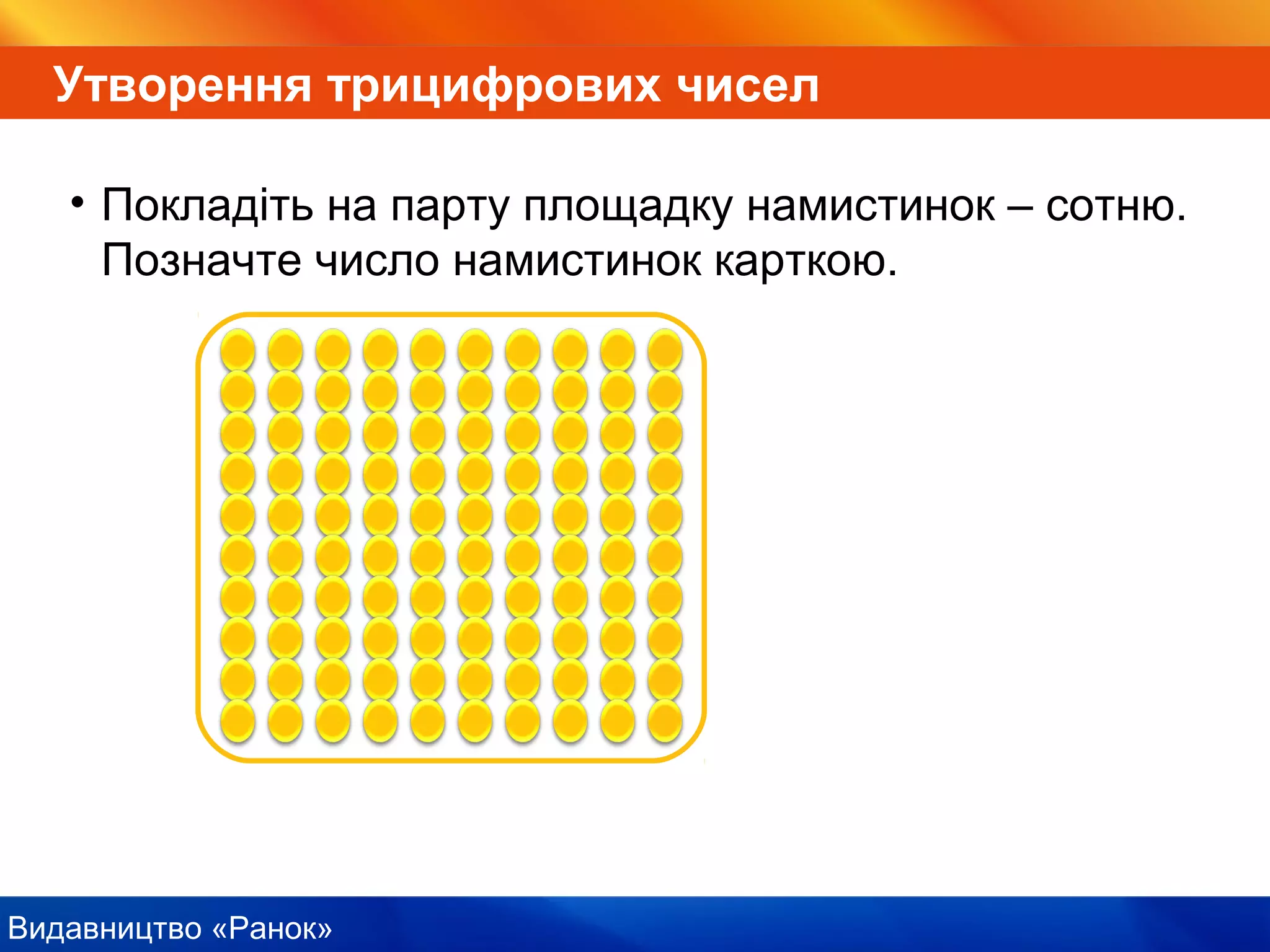 Видавництво «Ранок»
Утворення трицифрових чисел
• Покладіть на парту площадку намистинок – сотню.
Позначте число намистинок карткою.
 