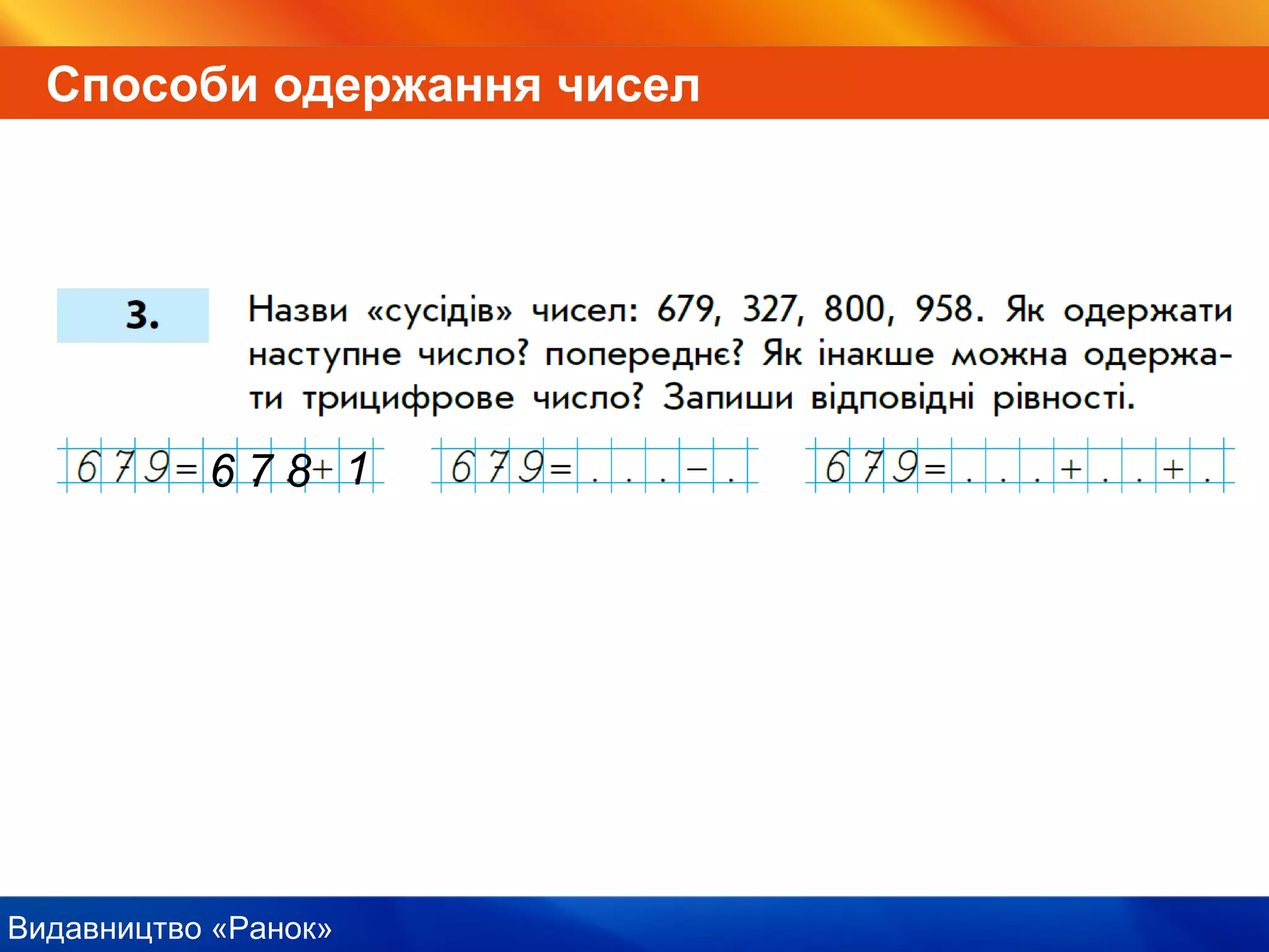 Видавництво «Ранок»
Способи одержання чисел
6 7 8 1
 