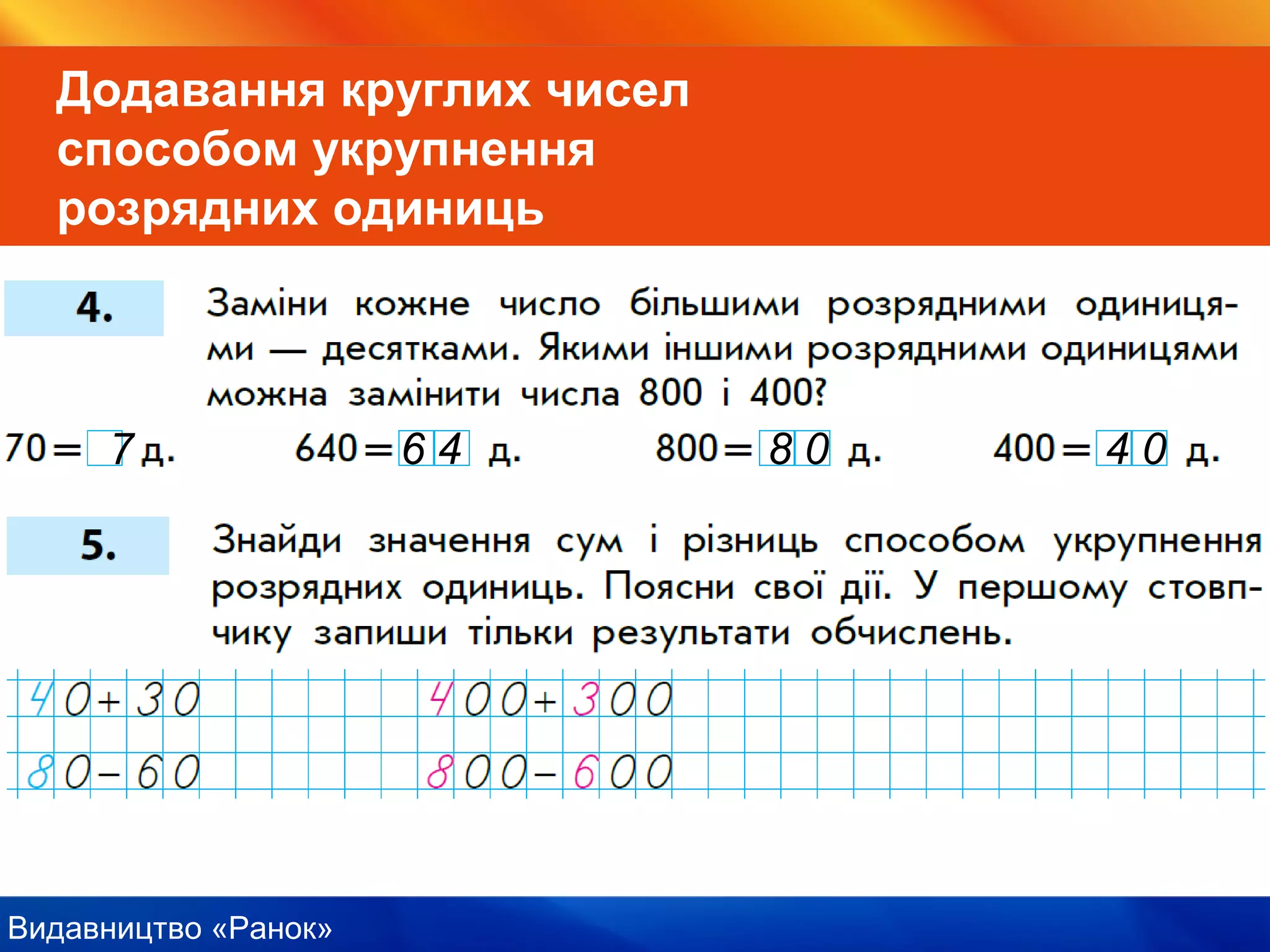 Видавництво «Ранок»
Додавання круглих чисел
способом укрупнення
розрядних одиниць
7 6 4 8 0 4 0
 
