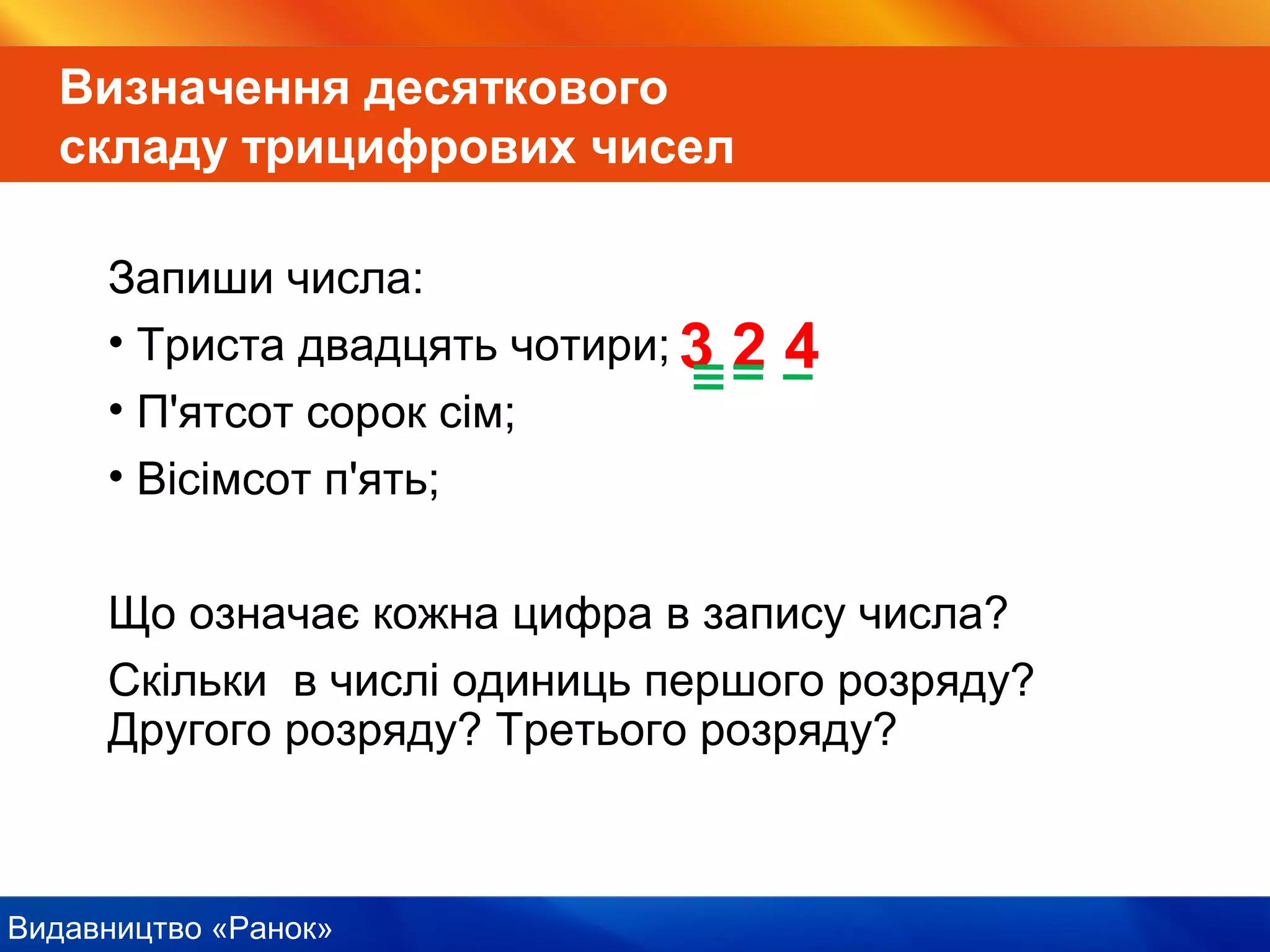 Видавництво «Ранок»
Запиши числа:
• Триста двадцять чотири;
• П'ятсот сорок сім;
• Вісімсот п'ять;
Що означає кожна цифра в запису числа?
Скільки в числі одиниць першого розряду?
Другого розряду? Третього розряду?
Визначення десяткового
складу трицифрових чисел
3 2 4
 